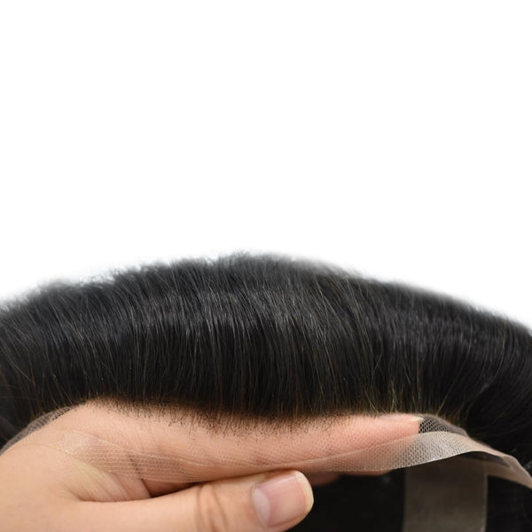 Toupee for menn hår erstatningssystemer menn hårsystemer fransk blonder herre toupee menneske hår stykke blekede knop kort bølget (1b# av svart, 6x9-100% middels lys til middels tetthet)