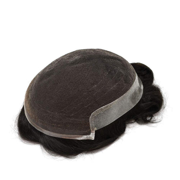 Toupee for menn hår erstatningssystemer menn hårsystemer fransk blonder herre toupee menneske hår stykke blekede knop kort bølget (1b# av svart, 6x9-100% middels lys til middels tetthet)