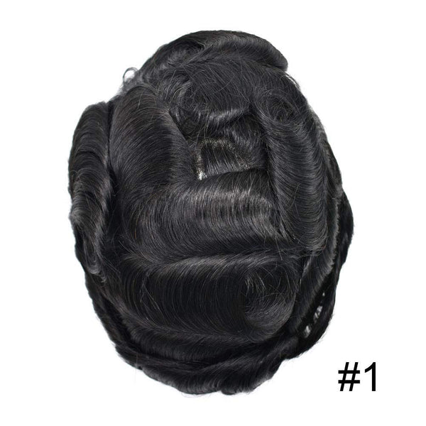 Toupee for menn hår erstatningssystem sveitsisk blonder menn toupee europeisk menneskehår hd blonder hårsystem poly hud pu rundt menn hårstykke. (Nr. 1 Jet Black, 7x9 "-100% Light Med-Light Density)