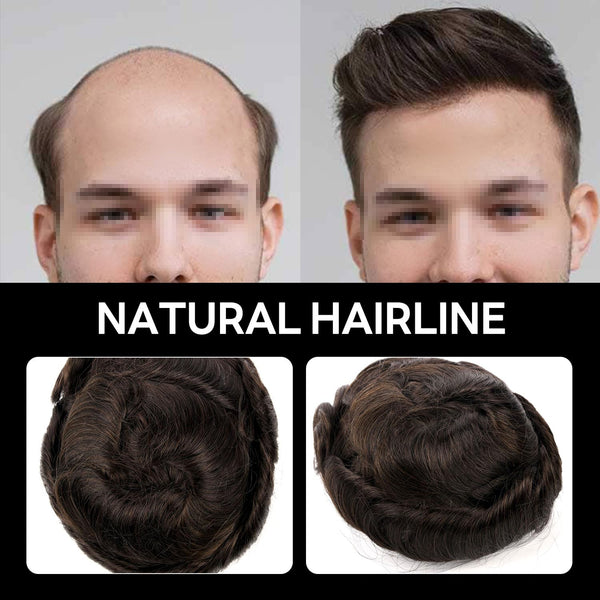 Generisk fransk blonder herre toupee poly pu rundt toupee for menn hår stykke europeisk menneskehår erstatningssystem (17# mørk aske blond, 7x9 ""-120% middels lys til middels tetthet)