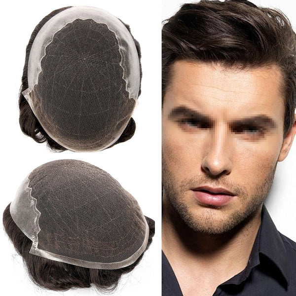 Sveitsisk blonder toupee for menn hårpiece europeisk humanhair erstatningssystem blonder front menn toupee blekemiddelnot hårstykke (310# mørkebrun med 10% grå, 8x10 "-100% lys med-lys tetthet)