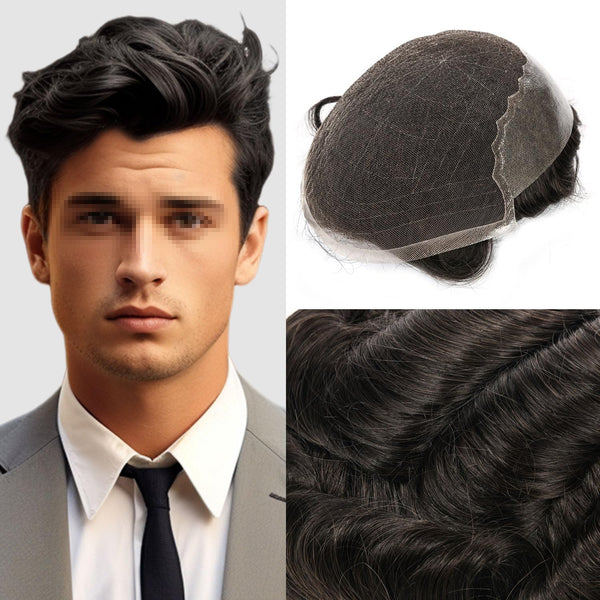 Sveitsisk blonder toupee for menn hårstykke europeisk humanhair erstatningssystem blonder front menn toupee blekepåde hårstykke. (320# mørkebrun med 20% grå, 6x8 "-100% lysmed-lys-tetthet)