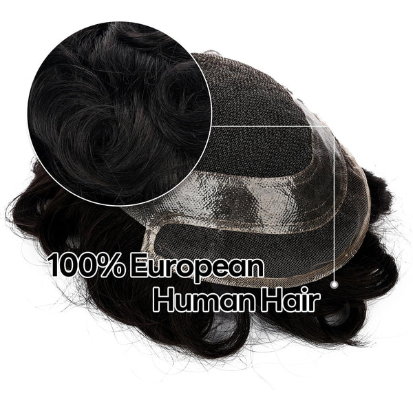 Toupee for menn hår erstatningssystem sveitsisk blonder menn toupee europeisk menneskehår hd blonder hårsystem poly hud pu rundt menn hårstykke. (Nr. 1 Jet Black, 7x9 "-100% Light Med-Light Density)