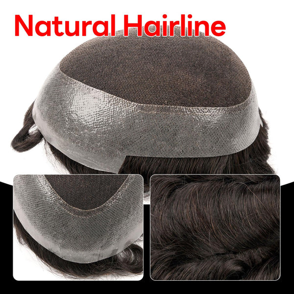 Blavzehair herre toupee sveitsiske blonder hårstykker europeiske humarhair erstatningssystem naturlig hårfestetuppe for menn lemmer med pu menn hårsystem. (1B# av svart, 6 "x9).