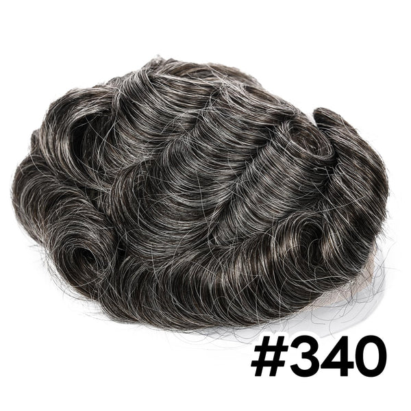 Sveitsisk blonder toupee for menn hårstykke europeisk humanhair erstatningssystem blonder front menn toupee blekepåde hårstykke. (320# mørkebrun med 20% grå, 6x8 "-100% lysmed-lys-tetthet)