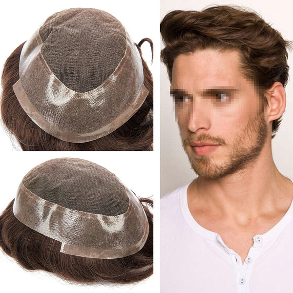 Generisk fransk blonder herre toupee poly pu rundt toupee for menn hår stykke europeisk menneskehår erstatningssystem (17# mørk aske blond, 7x9 ""-120% middels lys til middels tetthet)