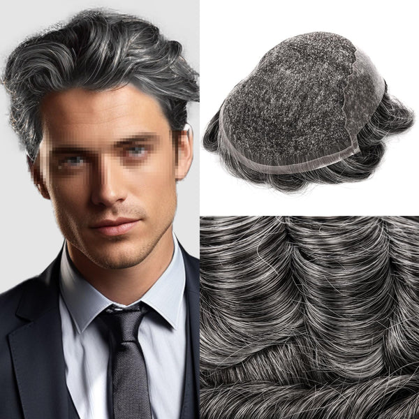 Sveitsisk blonder toupee for menn hårstykke europeisk humanhair erstatningssystem blonder front menn toupee blekepåde hårstykke. (320# mørkebrun med 20% grå, 6x8 "-100% lysmed-lys-tetthet)