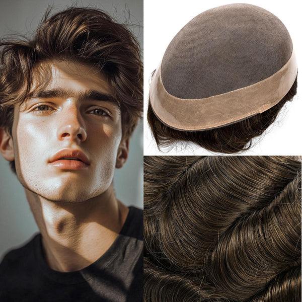 Generisk hårsystem for menn toupee fin mono hårstykke europeisk menneskehår erstatning npu hud rundt toupee for menn (5# middels lysebrun, 8x10 ""-120% middels lys til middels tetthet)