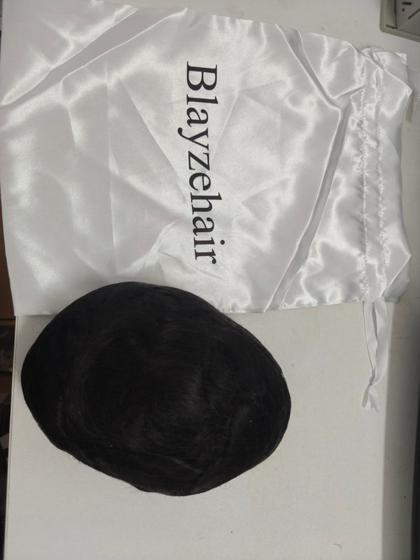Blavzehair herre toupee sveitsiske blonder hårstykker europeiske humarhair erstatningssystem naturlig hårfestetuppe for menn lemmer med pu menn hårsystem. (1B# av svart, 6 "x9).