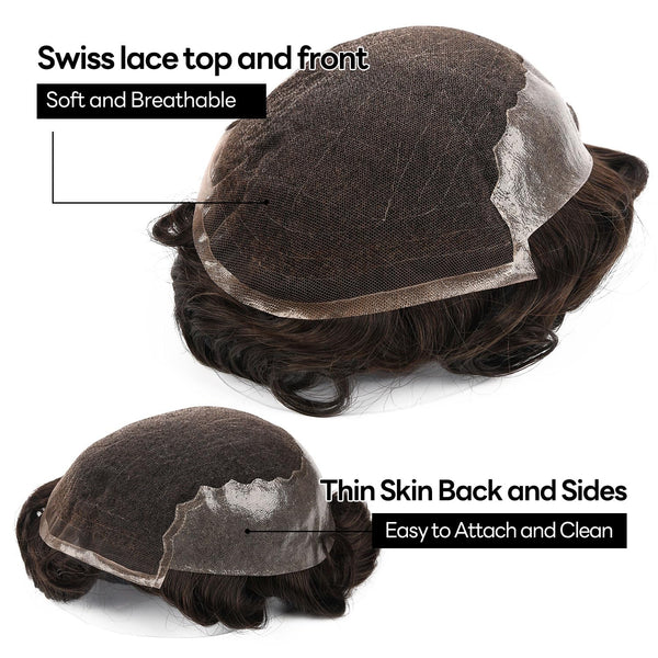 Sveitsisk blonder toupee for menn hårstykke europeisk humanhair erstatningssystem blonder front menn toupee blekepåde hårstykke. (320# mørkebrun med 20% grå, 6x8 "-100% lysmed-lys-tetthet)
