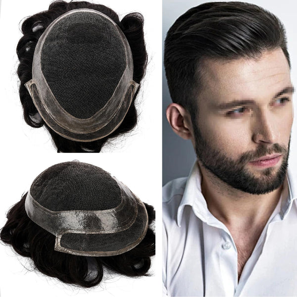 Toupee for menn hår erstatningssystem sveitsisk blonder menn toupee europeisk menneskehår hd blonder hårsystem poly hud pu rundt menn hårstykke. (Nr. 1 Jet Black, 7x9 "-100% Light Med-Light Density)