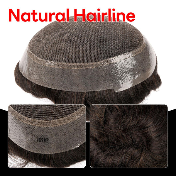 Blavzehair herre toupee sveitsiske blonder hårstykker europeiske humarhair erstatningssystem naturlig hårfestetuppe for menn lemmer med pu menn hårsystem. (1B# av svart, 6 "x9).