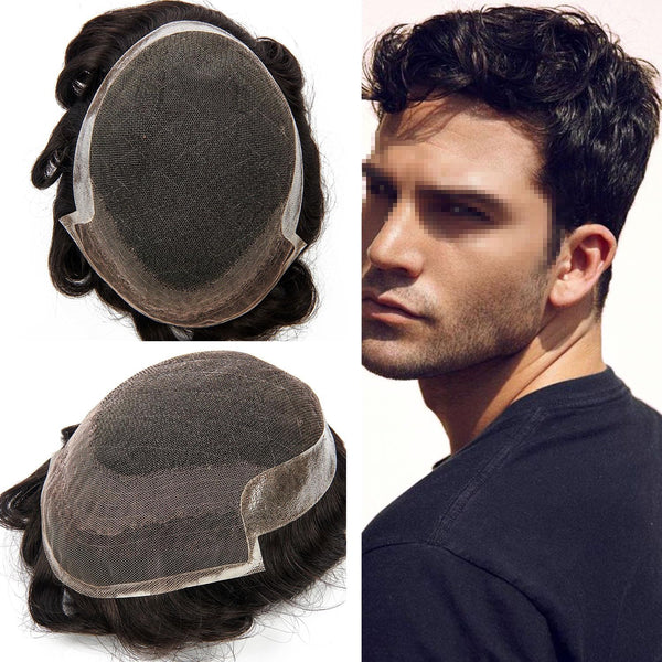 Toupee for menn hår erstatningssystemer menn hårsystemer fransk blonder herre toupee menneske hår stykke blekede knop kort bølget (1b# av svart, 6x9-100% middels lys til middels tetthet)