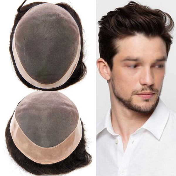 Generisk hårsystem for menn toupee fin mono hårstykke europeisk menneskehår erstatning npu hud rundt toupee for menn (5# middels lysebrun, 8x10 ""-120% middels lys til middels tetthet)