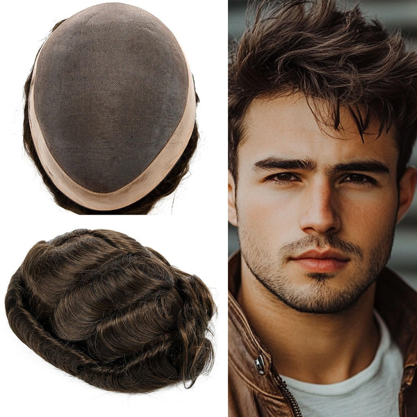Generisk hårsystem for menn toupee fin mono hårstykke europeisk menneskehår erstatning npu hud rundt toupee for menn (5# middels lysebrun, 8x10 ""-120% middels lys til middels tetthet)