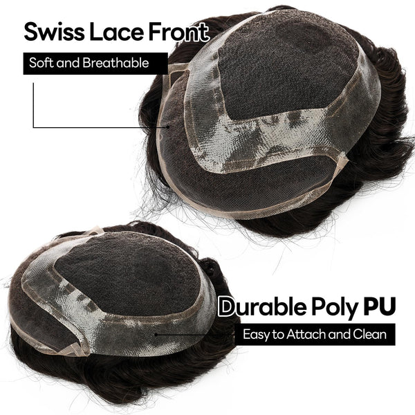 Toupee for menn hår erstatningssystem sveitsisk blonder menn toupee europeisk menneskehår hd blonder hårsystem poly hud pu rundt menn hårstykke. (Nr. 1 Jet Black, 7x9 "-100% Light Med-Light Density)