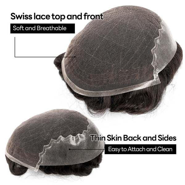 Sveitsisk blonder toupee for menn hårpiece europeisk humanhair erstatningssystem blonder front menn toupee blekemiddelnot hårstykke (310# mørkebrun med 10% grå, 8x10 "-100% lys med-lys tetthet)