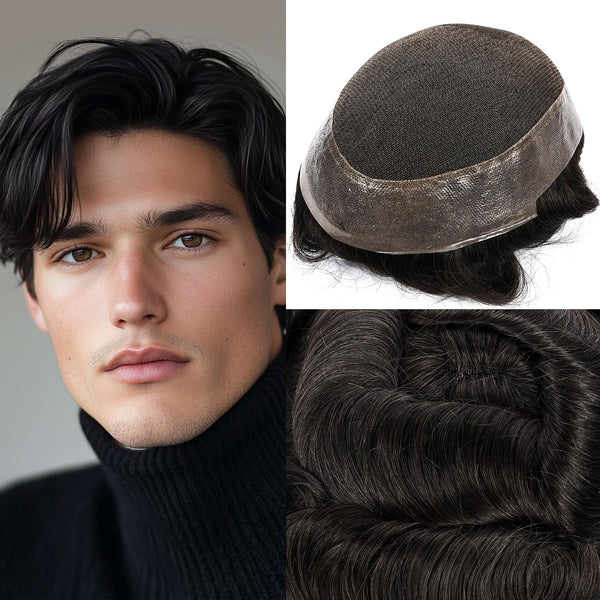 Blavzehair herre toupee sveitsiske blonder hårstykker europeiske humarhair erstatningssystem naturlig hårfestetuppe for menn lemmer med pu menn hårsystem. (1B# av svart, 6 "x9).