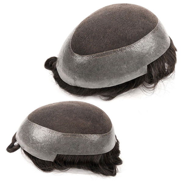 Blavzehair herre toupee sveitsiske blonder hårstykker europeiske humarhair erstatningssystem naturlig hårfestetuppe for menn lemmer med pu menn hårsystem. (1B# av svart, 6 "x9).