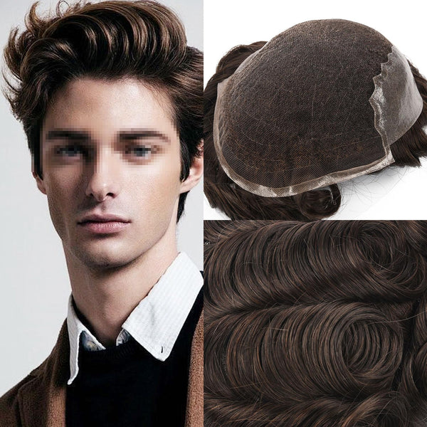 Sveitsisk blonder toupee for menn hårstykke europeisk humanhair erstatningssystem blonder front menn toupee blekepåde hårstykke. (320# mørkebrun med 20% grå, 6x8 "-100% lysmed-lys-tetthet)