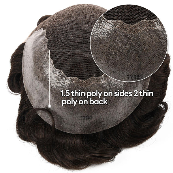 Sveitsisk blonder toupee for menn hårstykke europeisk humanhair erstatningssystem blonder front menn toupee blekepåde hårstykke. (320# mørkebrun med 20% grå, 6x8 "-100% lysmed-lys-tetthet)