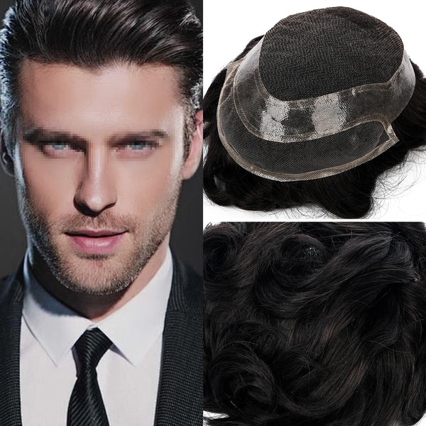 Toupee for menn hår erstatningssystem sveitsisk blonder menn toupee europeisk menneskehår hd blonder hårsystem poly hud pu rundt menn hårstykke. (Nr. 1 Jet Black, 7x9 "-100% Light Med-Light Density)
