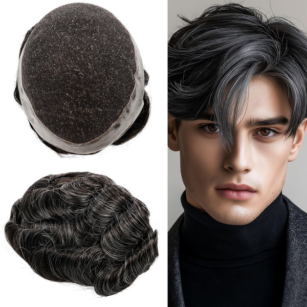 Blavzehair herre toupee sveitsiske blonder hårstykker europeiske humarhair erstatningssystem naturlig hårfestetuppe for menn lemmer med pu menn hårsystem. (1B# av svart, 6 "x9).