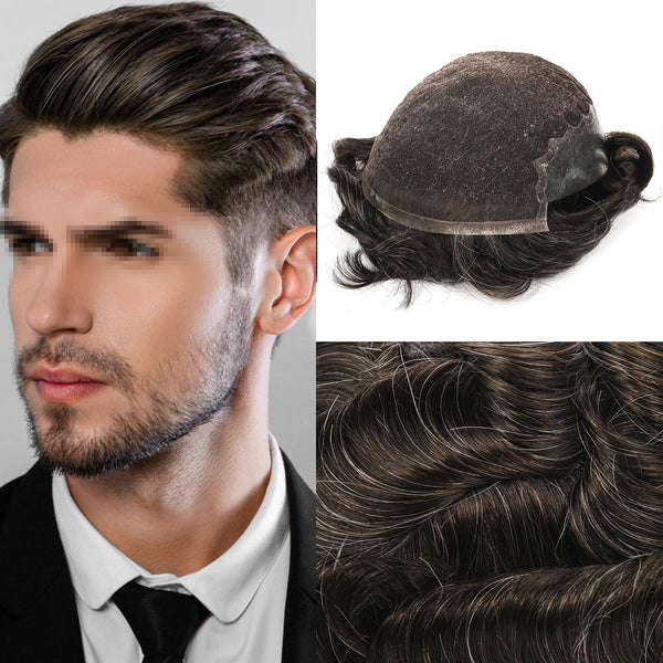 Sveitsisk blonder toupee for menn hårstykke europeisk humanhair erstatningssystem blonder front menn toupee blekepåde hårstykke. (320# mørkebrun med 20% grå, 6x8 "-100% lysmed-lys-tetthet)