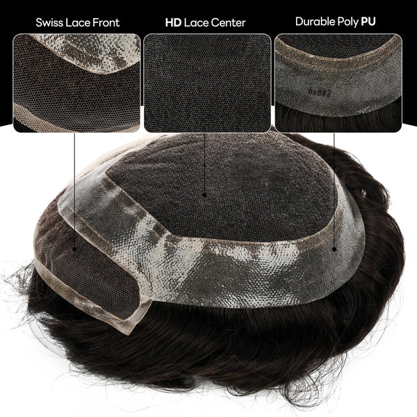 Toupee for menn hår erstatningssystem sveitsisk blonder menn toupee europeisk menneskehår hd blonder hårsystem poly hud pu rundt menn hårstykke. (Nr. 1 Jet Black, 7x9 "-100% Light Med-Light Density)