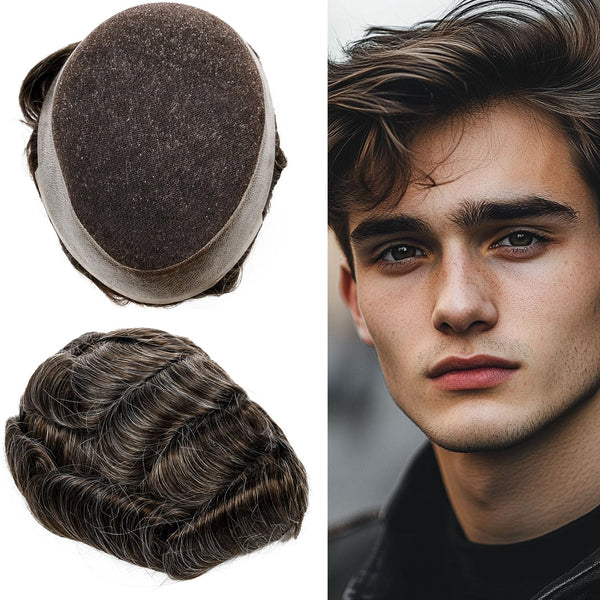 Generisk fransk blonder herre toupee poly pu rundt toupee for menn hår stykke europeisk menneskehår erstatningssystem (17# mørk aske blond, 7x9 ""-120% middels lys til middels tetthet)