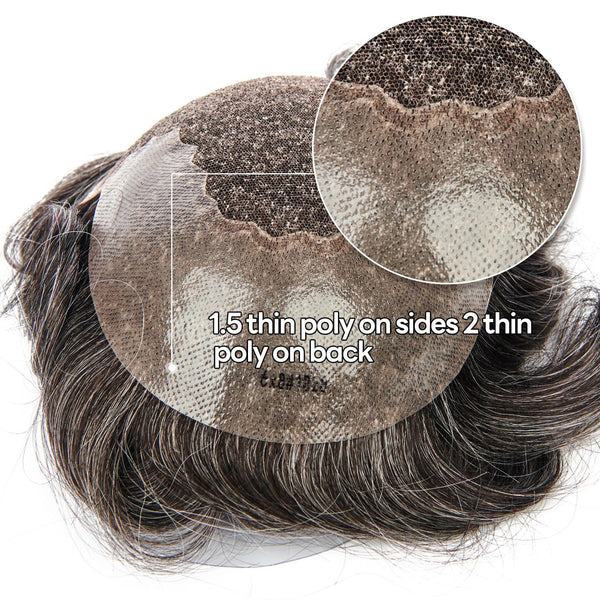 Sveitsisk blonder toupee for menn hårstykke europeisk humanhair erstatningssystem blonder front menn toupee blekepåde hårstykke. (320# mørkebrun med 20% grå, 6x8 "-100% lysmed-lys-tetthet)
