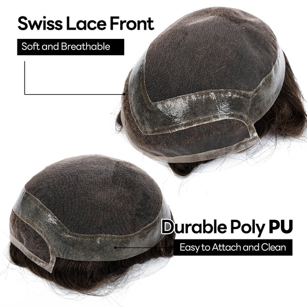 Toupee for menn hår erstatningssystem sveitsisk blonder menn toupee europeisk menneskehår hd blonder hårsystem poly hud pu rundt menn hårstykke. (Nr. 1 Jet Black, 7x9 "-100% Light Med-Light Density)