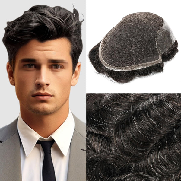 Sveitsisk blonder toupee for menn hårstykke europeisk humanhair erstatningssystem blonder front menn toupee blekepåde hårstykke. (320# mørkebrun med 20% grå, 6x8 "-100% lysmed-lys-tetthet)