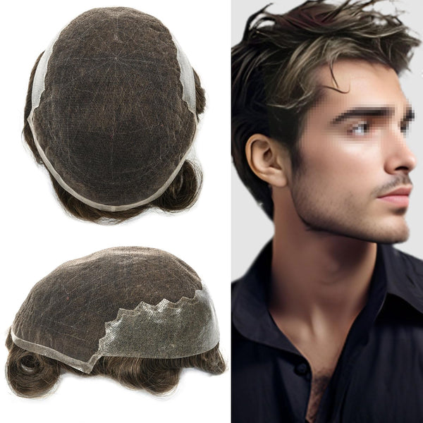 Sveitsisk blonder toupee for menn hårstykke europeisk humanhair erstatningssystem blonder front menn toupee blekepåde hårstykke. (320# mørkebrun med 20% grå, 6x8 "-100% lysmed-lys-tetthet)