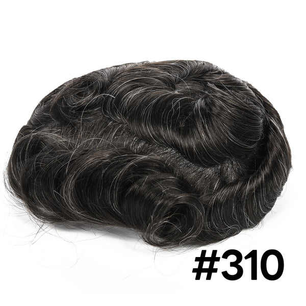 Sveitsisk blonder toupee for menn hårpiece europeisk humanhair erstatningssystem blonder front menn toupee blekemiddelnot hårstykke (310# mørkebrun med 10% grå, 8x10 "-100% lys med-lys tetthet)