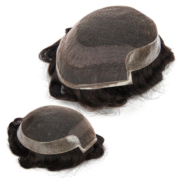 Toupee for menn hår erstatningssystemer menn hårsystemer fransk blonder herre toupee menneske hår stykke blekede knop kort bølget (1b# av svart, 6x9-100% middels lys til middels tetthet)