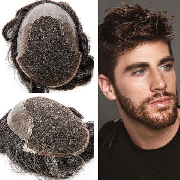 Sveitsisk blonder toupee for menn hårstykke europeisk humanhair erstatningssystem blonder front menn toupee blekepåde hårstykke. (320# mørkebrun med 20% grå, 6x8 "-100% lysmed-lys-tetthet)