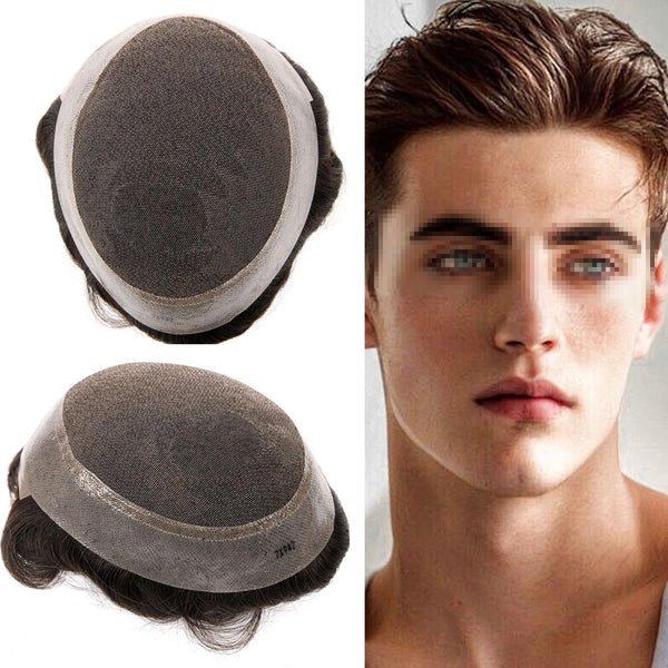 Blavzehair herre toupee sveitsiske blonder hårstykker europeiske humarhair erstatningssystem naturlig hårfestetuppe for menn lemmer med pu menn hårsystem. (1B# av svart, 6 "x9).