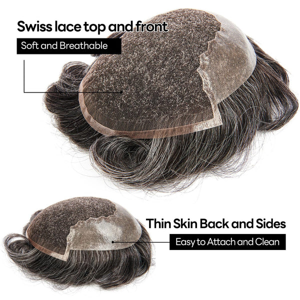 Sveitsisk blonder toupee for menn hårstykke europeisk humanhair erstatningssystem blonder front menn toupee blekepåde hårstykke. (320# mørkebrun med 20% grå, 6x8 "-100% lysmed-lys-tetthet)