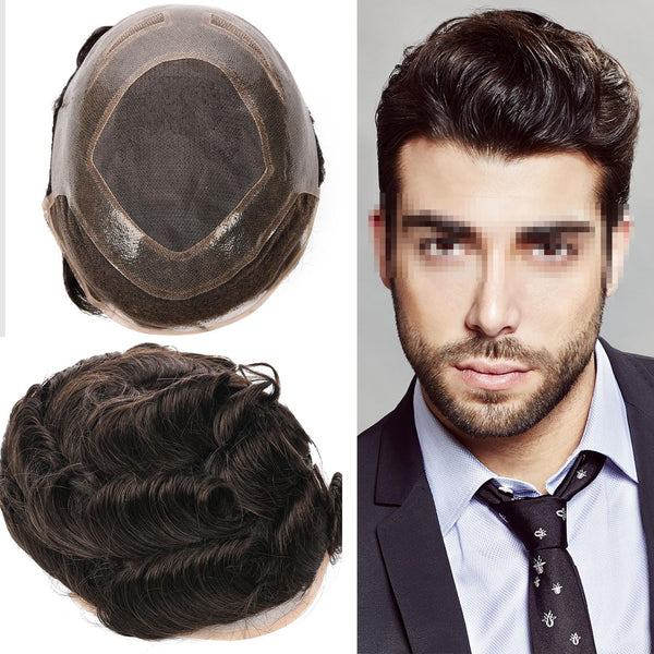 Generisk toupee for menn hårsystem fransk blonder front herre toupee europeisk menneskehår stykke fint mono hår erstatningssystem (3# mørkebrun, 8x10 ""-120% middels lys til middels tetthet)