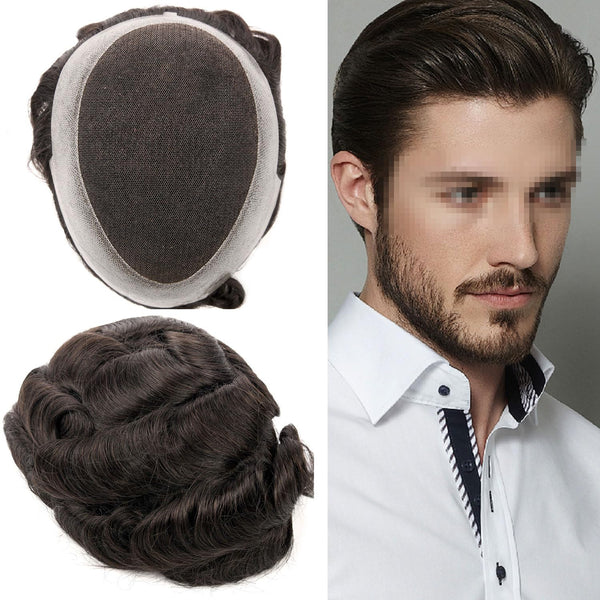 Blavzehair herre toupee sveitsiske blonder hårstykker europeiske humarhair erstatningssystem naturlig hårfestetuppe for menn lemmer med pu menn hårsystem. (1B# av svart, 6 "x9).