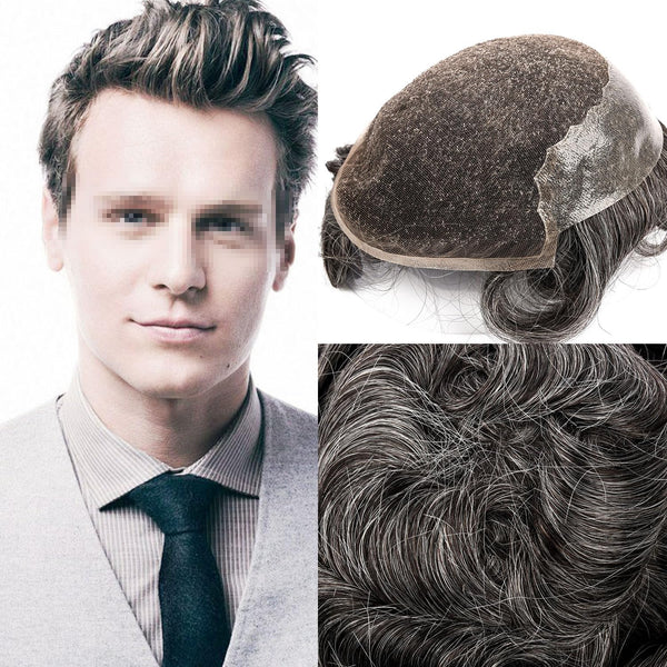 Sveitsisk blonder toupee for menn hårstykke europeisk humanhair erstatningssystem blonder front menn toupee blekepåde hårstykke. (320# mørkebrun med 20% grå, 6x8 "-100% lysmed-lys-tetthet)