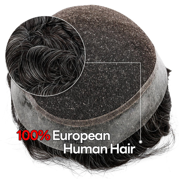 Blavzehair herre toupee sveitsiske blonder hårstykker europeiske humarhair erstatningssystem naturlig hårfestetuppe for menn lemmer med pu menn hårsystem. (1B# av svart, 6 "x9).