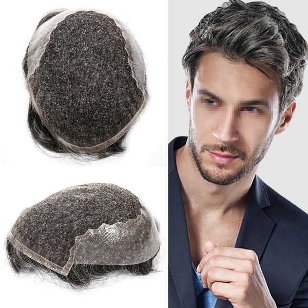 Sveitsisk blonder toupee for menn hårstykke europeisk humanhair erstatningssystem blonder front menn toupee blekepåde hårstykke. (320# mørkebrun med 20% grå, 6x8 "-100% lysmed-lys-tetthet)