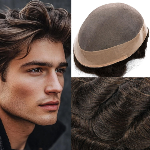 Generisk hårsystem for menn toupee fin mono hårstykke europeisk menneskehår erstatning npu hud rundt toupee for menn (5# middels lysebrun, 8x10 ""-120% middels lys til middels tetthet)