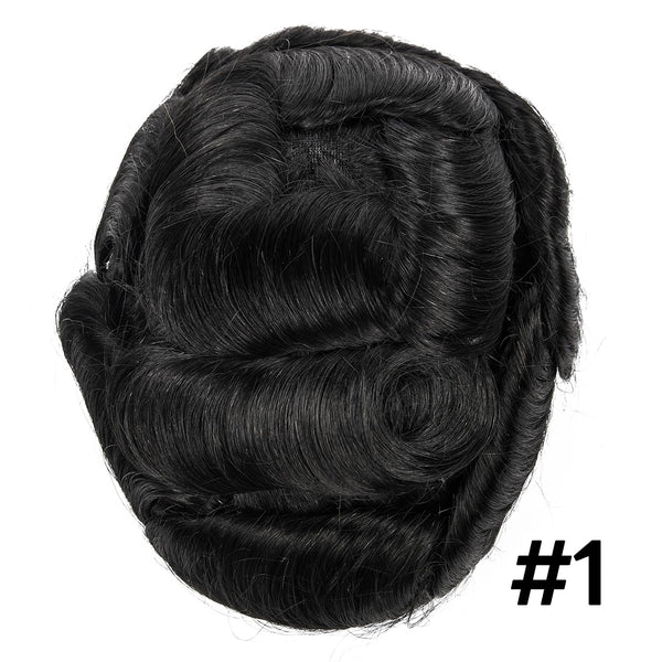 Toupee for menn hår erstatningssystemer menn hårsystemer fransk blonder herre toupee menneske hår stykke blekede knop kort bølget (1b# av svart, 6x9-100% middels lys til middels tetthet)
