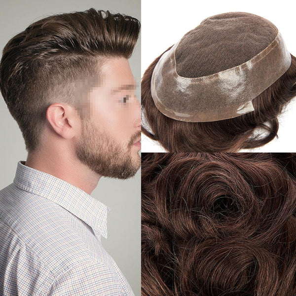Generisk fransk blonder herre toupee poly pu rundt toupee for menn hår stykke europeisk menneskehår erstatningssystem (17# mørk aske blond, 7x9 ""-120% middels lys til middels tetthet)