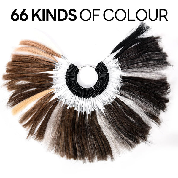 Mens toupee hårprøver for testing av farge, 66 farger, 100% ekte naturlig europeisk menneskehår, 66 tråder per pakke, 6 tommer.