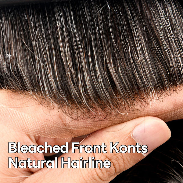 Sveitsisk blonder toupee for menn hårstykke europeisk humanhair erstatningssystem blonder front menn toupee blekepåde hårstykke. (320# mørkebrun med 20% grå, 6x8 "-100% lysmed-lys-tetthet)