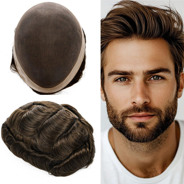 Generisk hårsystem for menn toupee fin mono hårstykke europeisk menneskehår erstatning npu hud rundt toupee for menn (5# middels lysebrun, 8x10 ""-120% middels lys til middels tetthet)